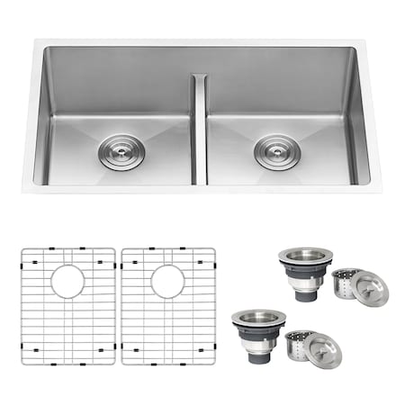 Ruvati 32" Undermnt Tight Radius 50/50 Dbl Bowl 16 Gauge SS Kitchen Sink RVH7411